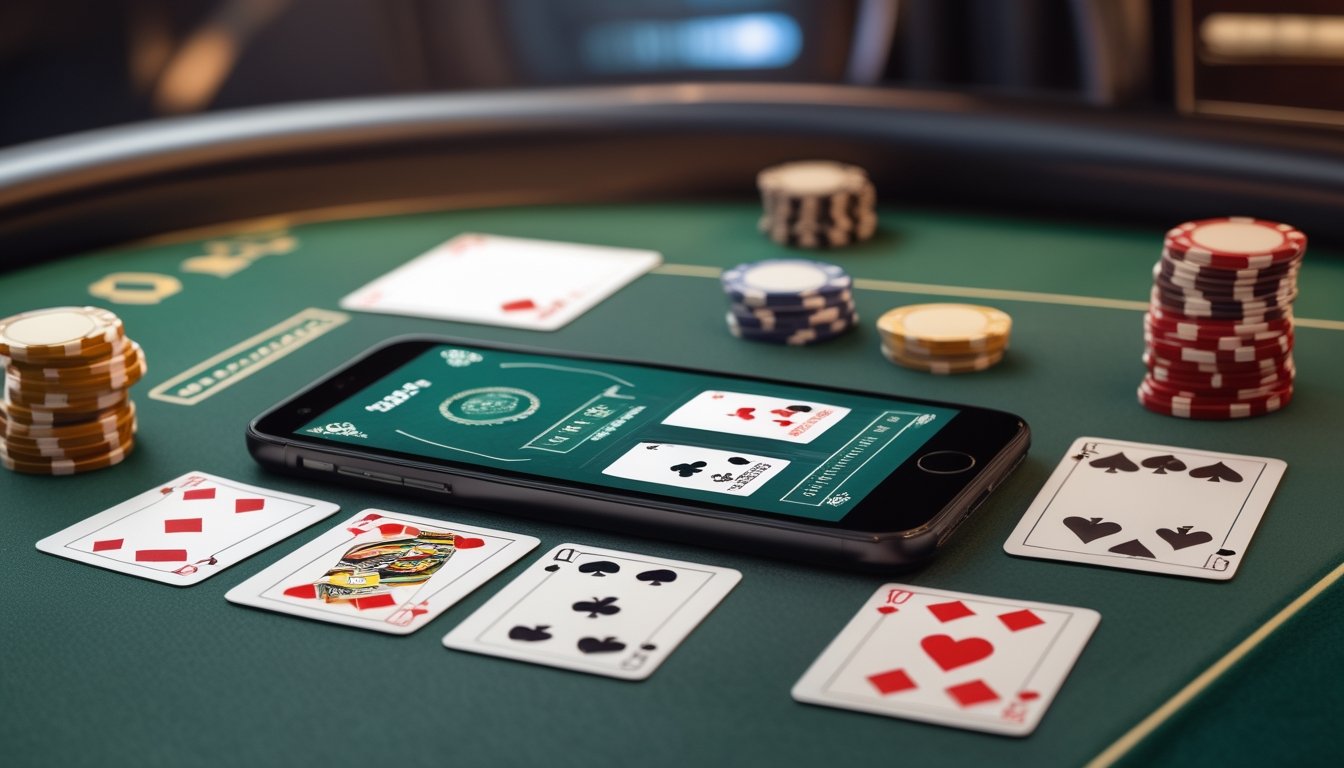 Ponsel dengan tampilan permainan blackjack berada di atas meja kasino bersama kartu dan keping taruhan.