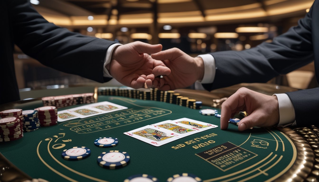 Meja blackjack kasino dengan kartu, keping taruhan, dan tangan pemain yang berhati-hati menghindari taruhan sampingan.