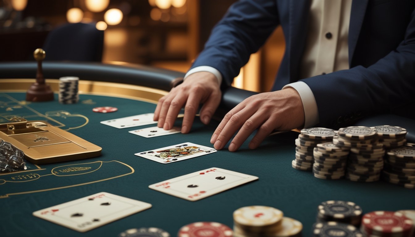 Meja blackjack kasino dengan kartu, keping taruhan, dan suasana kasino modern.