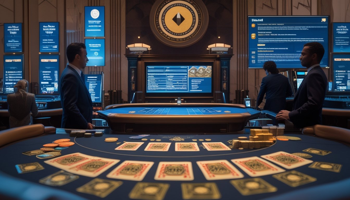Suasana kasino Atlantic City dengan meja blackjack, dealer profesional, pemain dewasa, serta elemen yang menggambarkan sejarah dan regulasi perjudian.