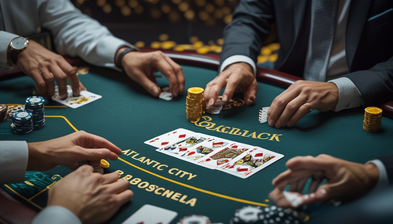 Pemain blackjack mengamati kartu terbuka dealer di meja kasino.
