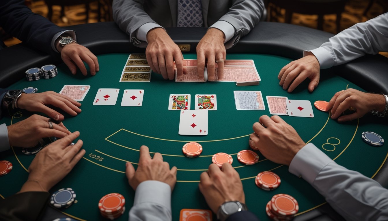 Meja blackjack kasino dengan kartu terbuka dealer, kartu pemain, dan keping taruhan yang tersusun rapi.