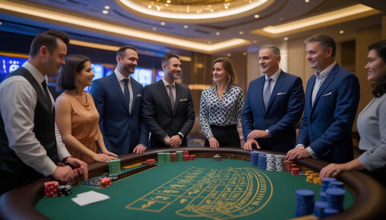 Dealer dan beberapa pemain dewasa bersiap memulai sesi blackjack di meja kasino.