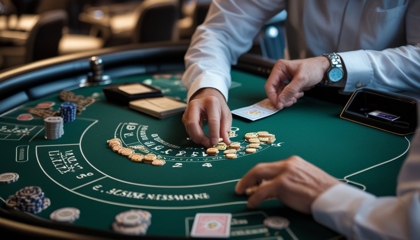 Seorang pemain menyiapkan chip dan perlengkapan sebelum duduk di meja blackjack kasino.