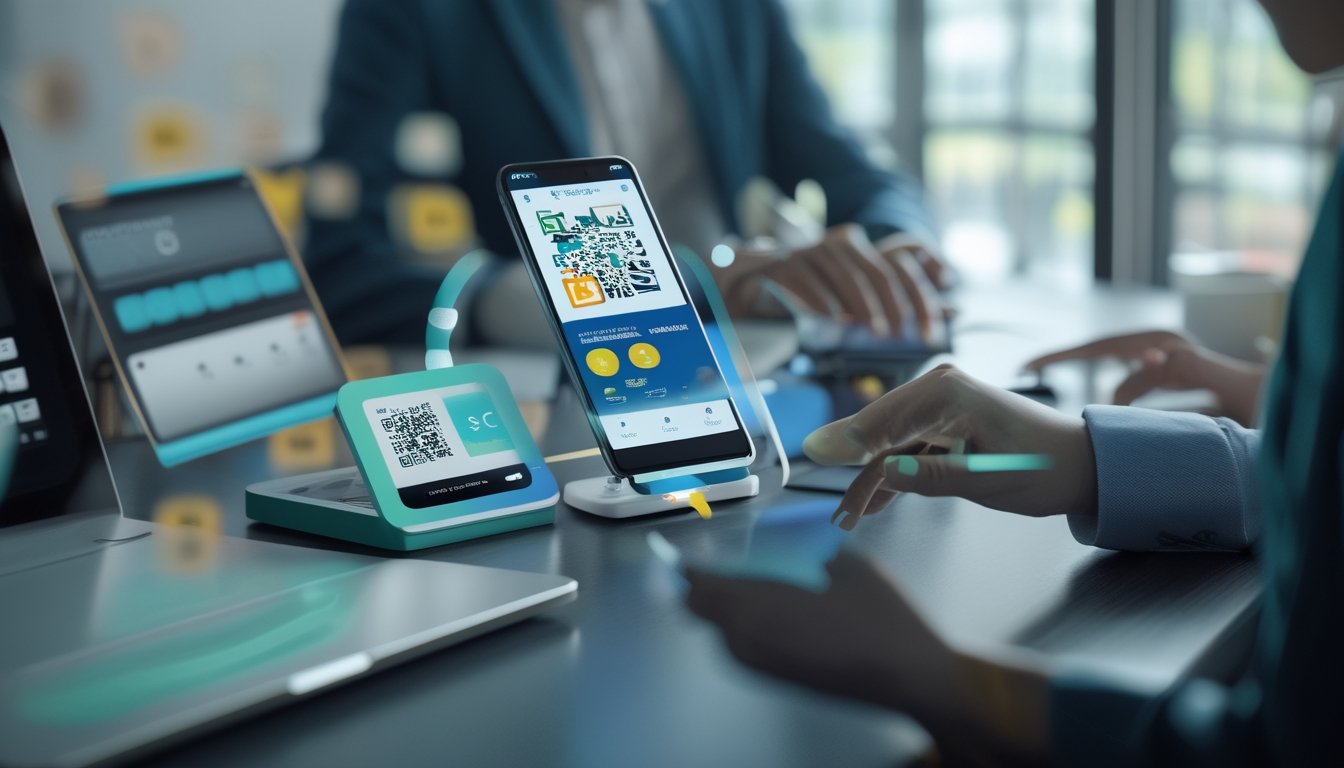 Seseorang menggunakan ponsel untuk pembayaran digital melalui QR di ruang kerja modern.