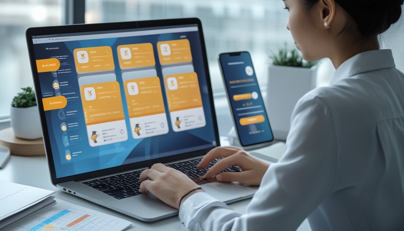 Seseorang memeriksa informasi keanggotaan dan bonus pada laptop dan ponsel di meja kerja.