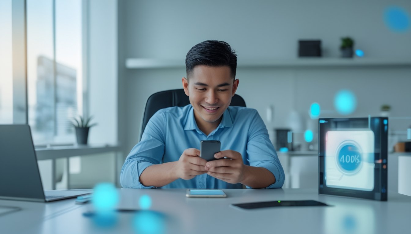 Seorang profesional memeriksa konfirmasi transfer digital melalui ponsel di meja kerja modern.