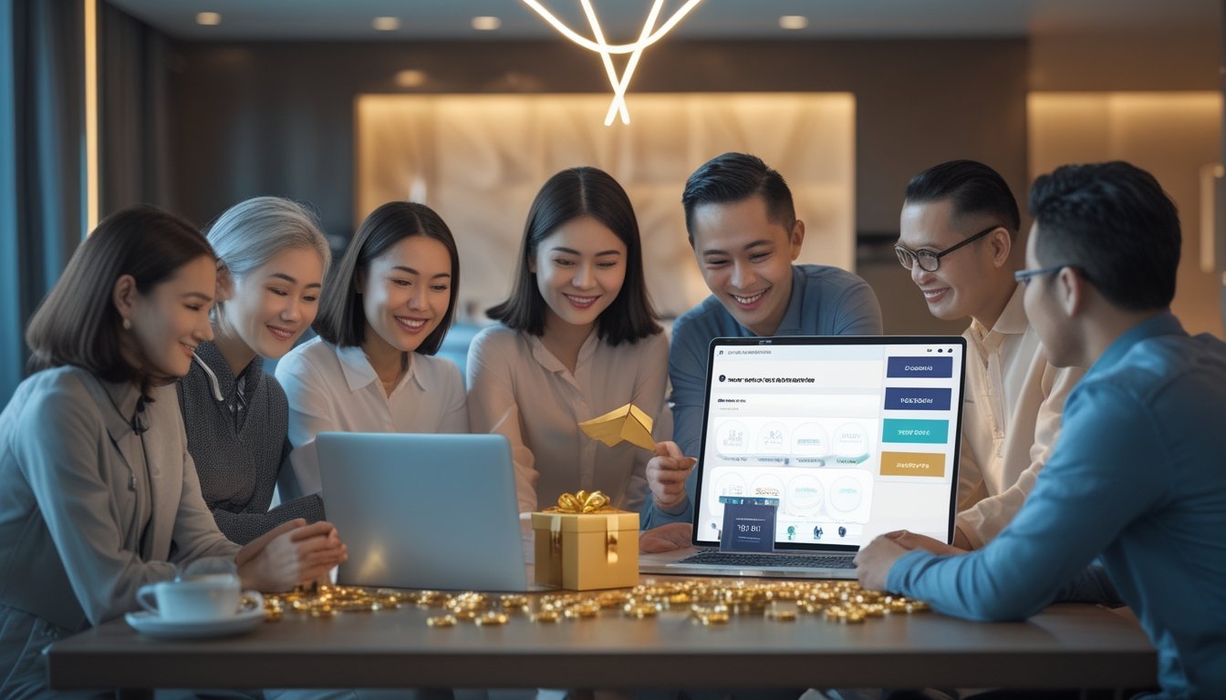 Sekelompok orang dewasa berdiskusi di sekitar laptop dan ponsel dengan koin serta hadiah di atas meja.