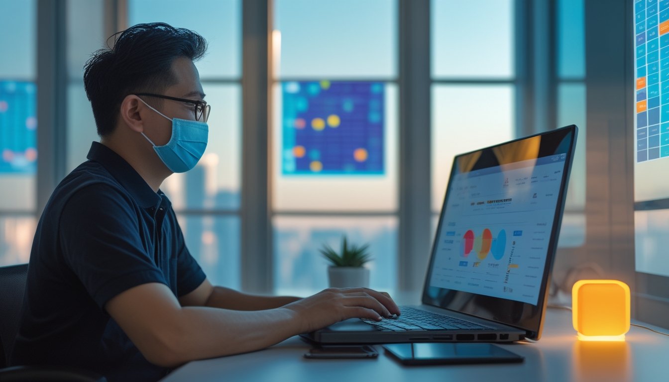 Orang dewasa menggunakan laptop dan ponsel di meja kerja modern dengan tampilan digital abstrak.