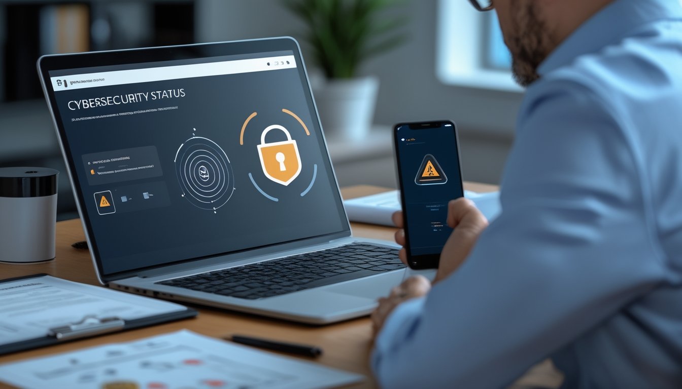 Seseorang meninjau keamanan digital dan dokumen hukum di meja kerja dengan laptop, ponsel, serta simbol peringatan dan perlindungan data.