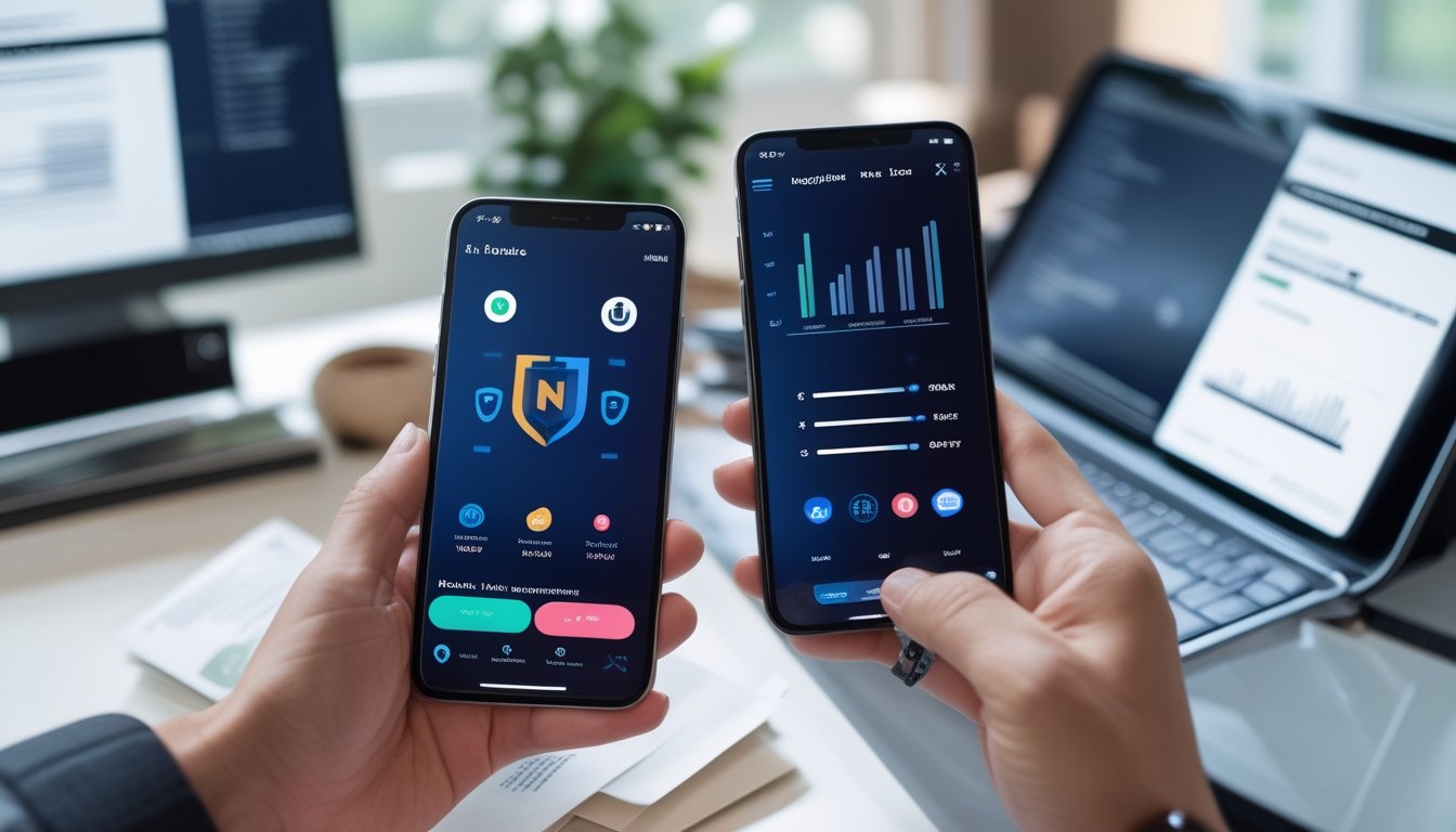 Orang dewasa menggunakan aplikasi permainan angka digital pada ponsel pintar di ruang kerja modern.
