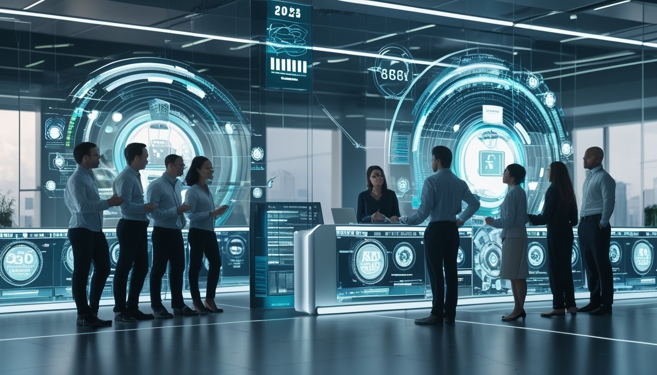 Tim profesional memantau keamanan dan fitur digital pada pusat operasi teknologi modern.