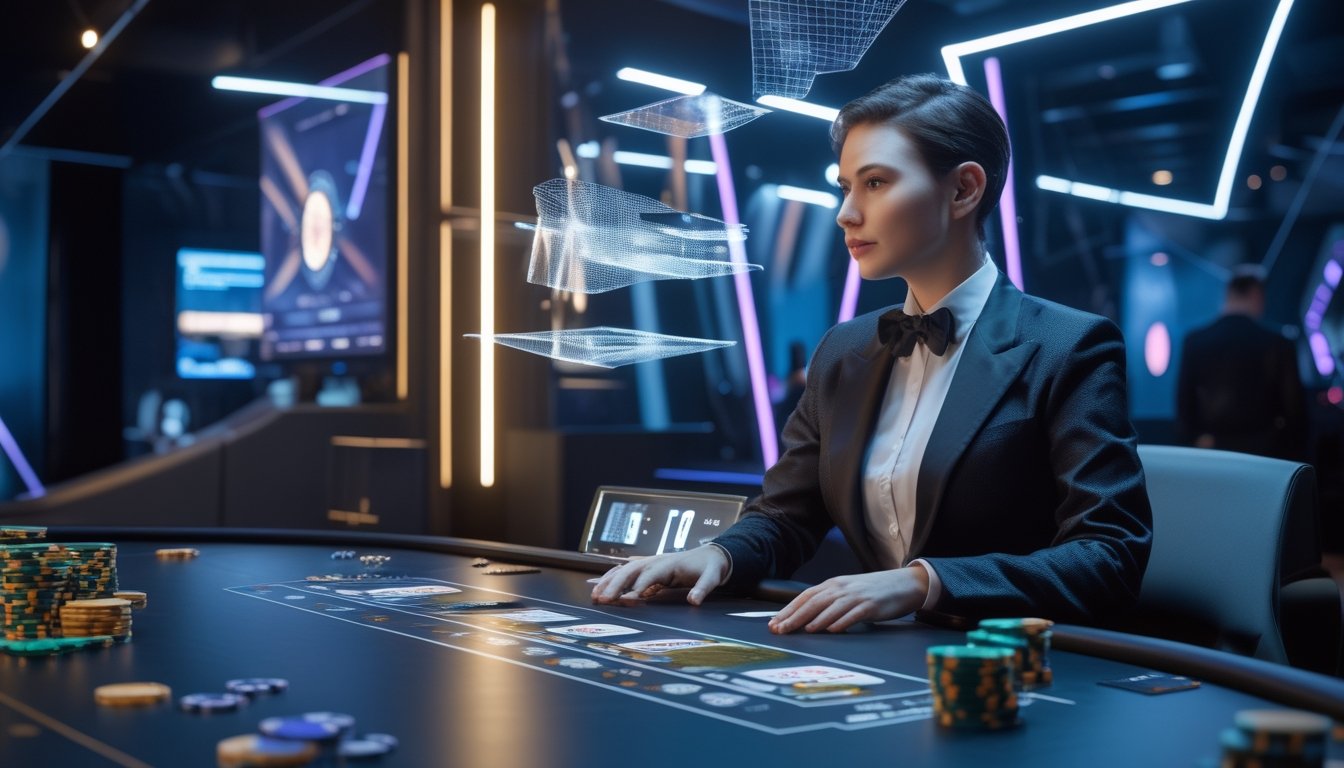 Dealer bermain blackjack di studio kasino modern dengan hologram augmented reality dan lingkungan 3D futuristis.