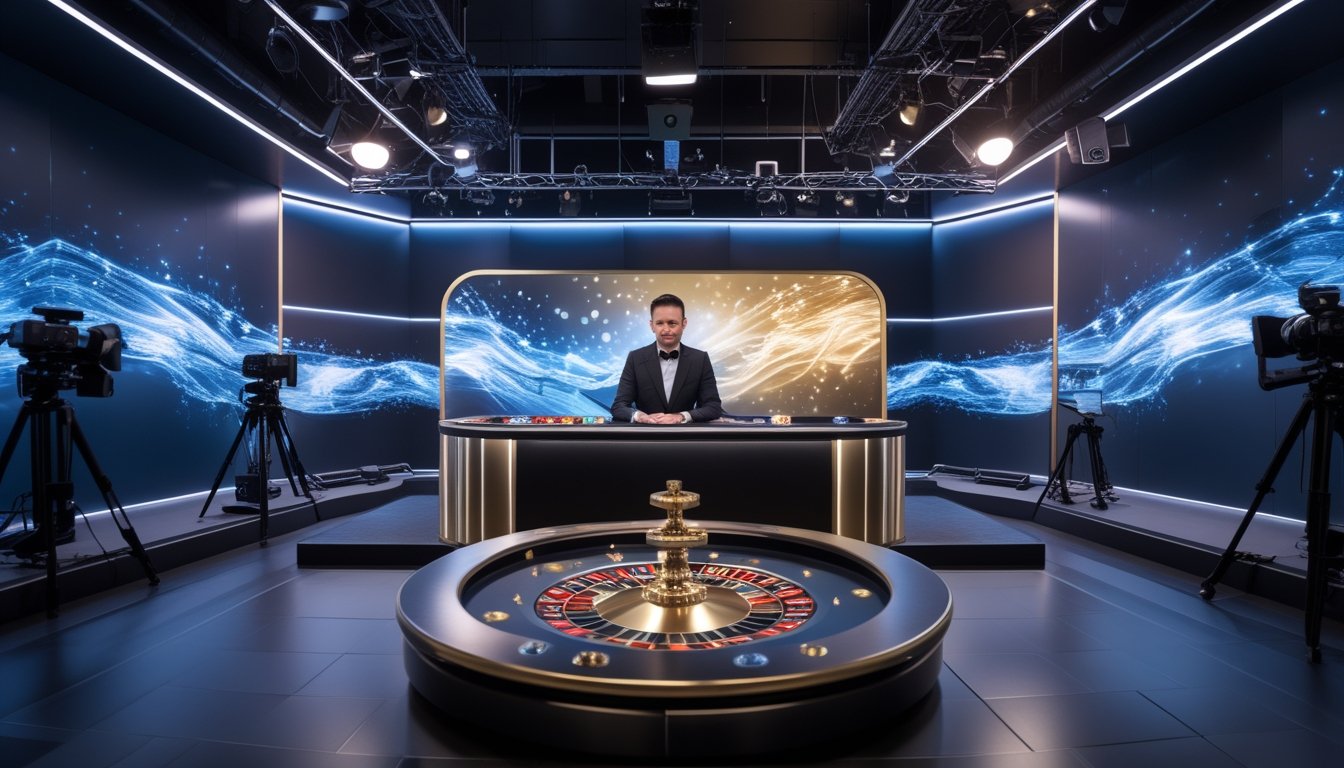 Dealer berada di studio kasino modern dengan meja permainan, kamera, dan layar digital bercahaya.