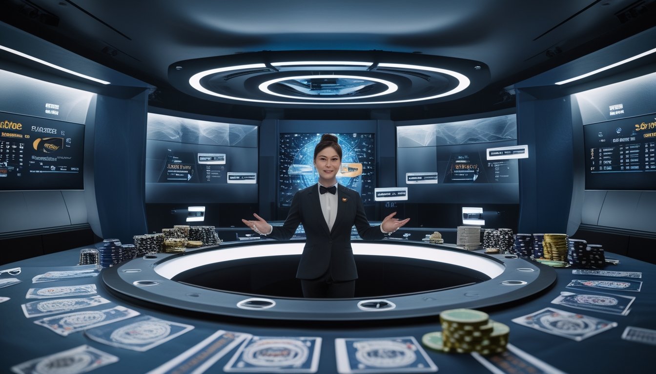 Dealer memandu permainan di studio kasino virtual modern dengan teknologi holografik dan kamera siaran.