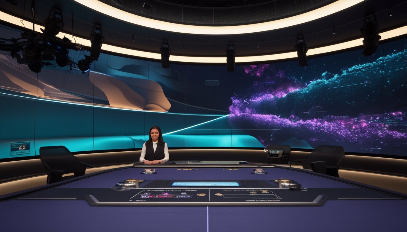 Studio siaran langsung modern dengan dealer di meja permainan dan latar virtual interaktif.