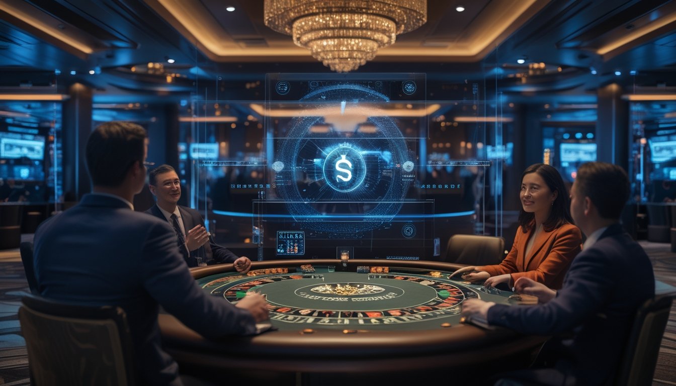 Dealer berinteraksi dengan pemain melalui meja kasino live yang dilengkapi visualisasi teknologi kecerdasan buatan.