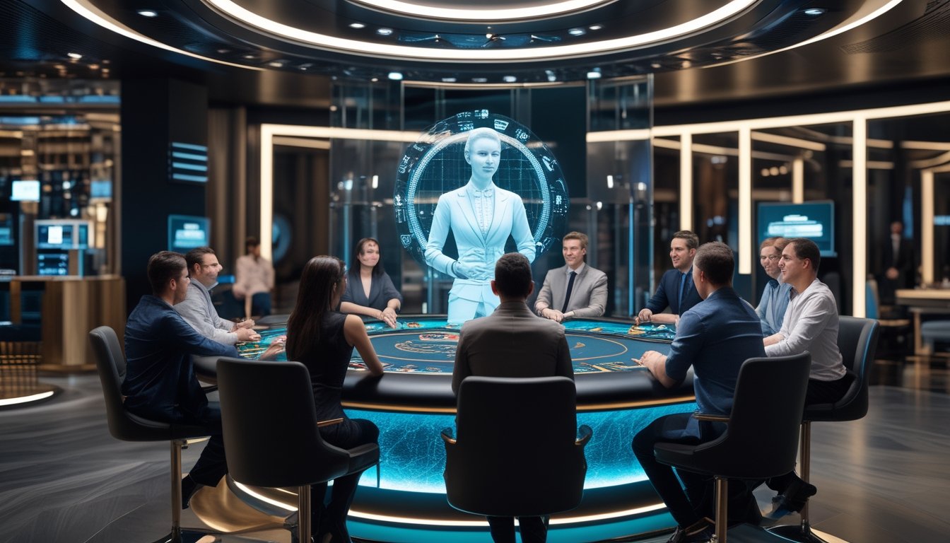 Dealer hologram berinteraksi dengan pemain di meja kasino modern berteknologi imersif.