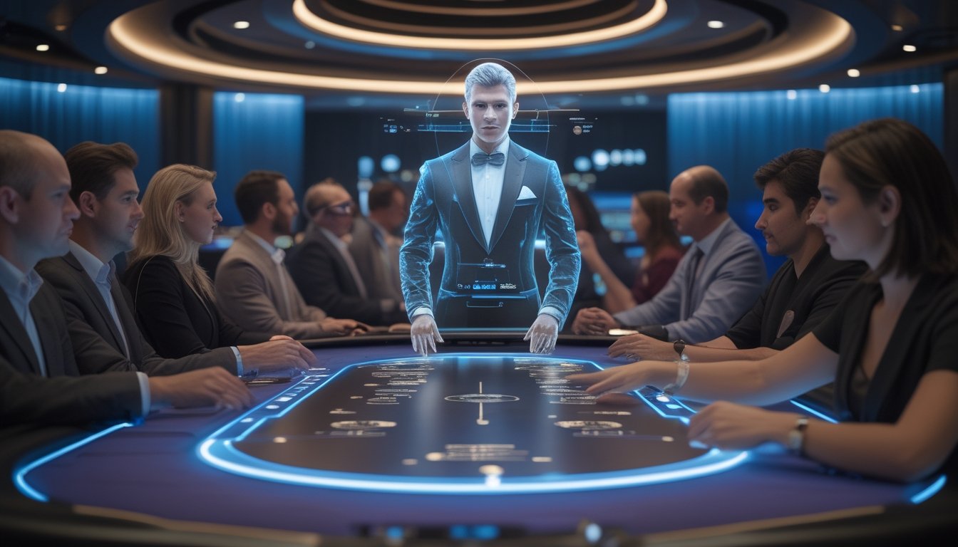 Dealer hologram berinteraksi dengan pemain di meja kasino digital futuristik.