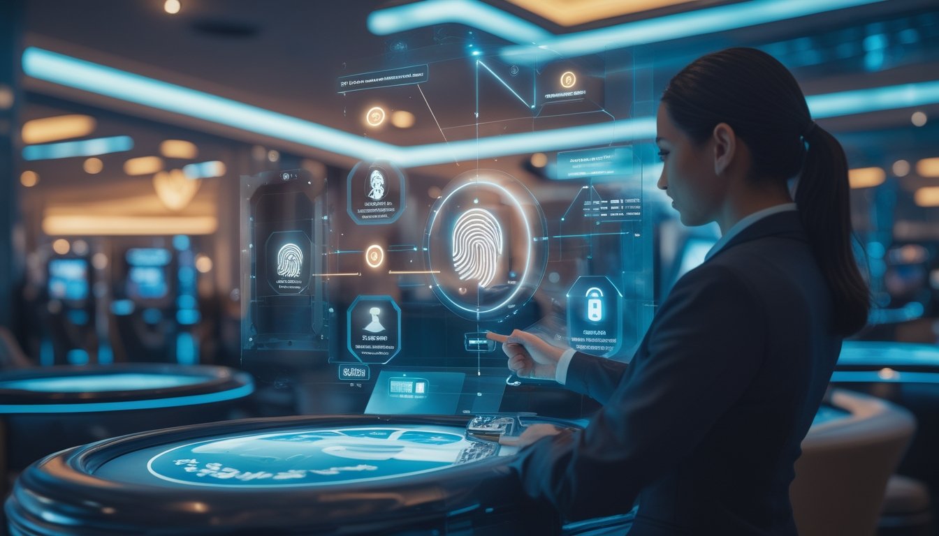 Analis keamanan memverifikasi identitas pemain kasino menggunakan teknologi biometrik canggih di ruang operasi modern.