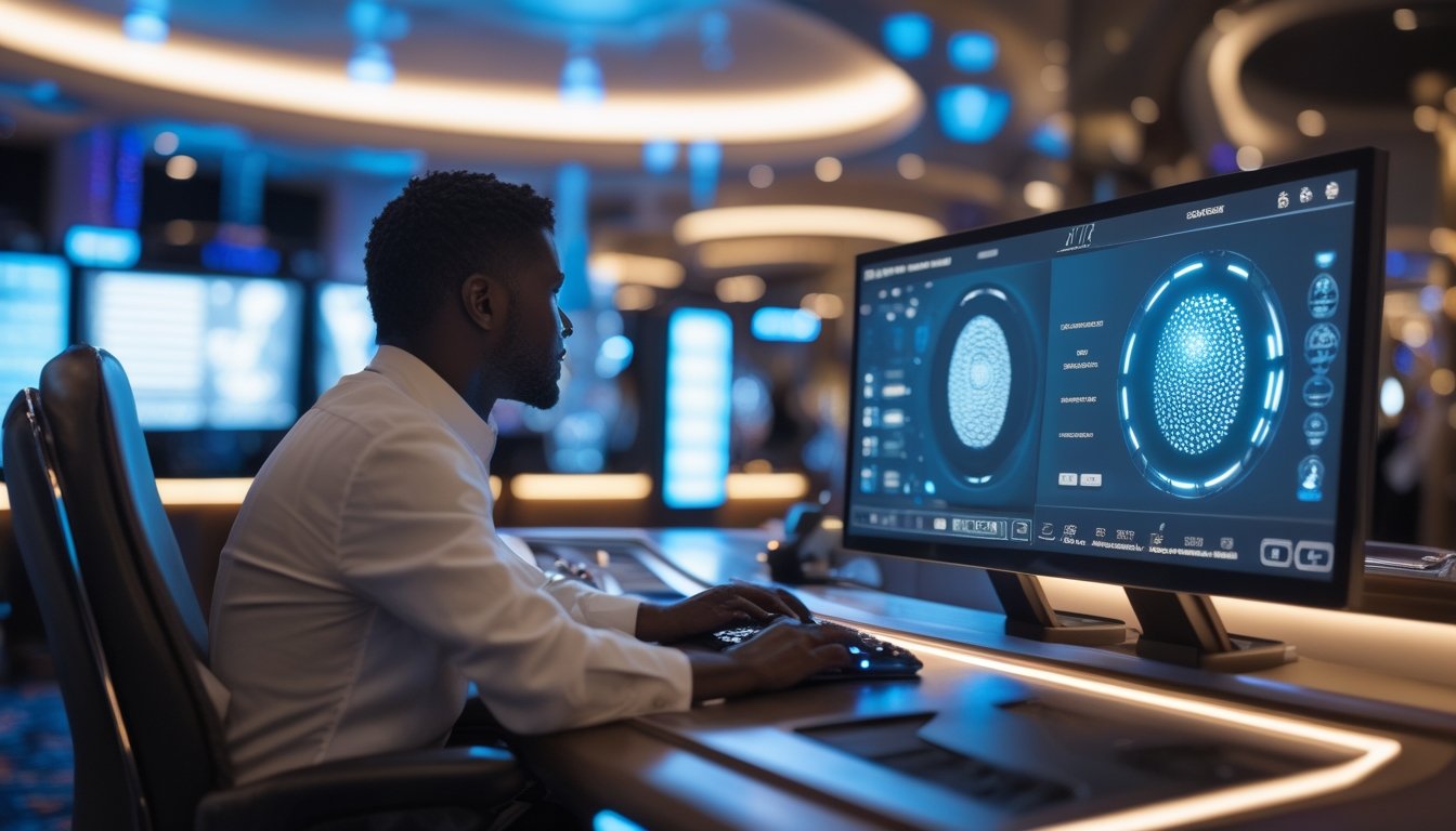 Pemain menjalani verifikasi identitas biometrik di lingkungan kasino live modern.