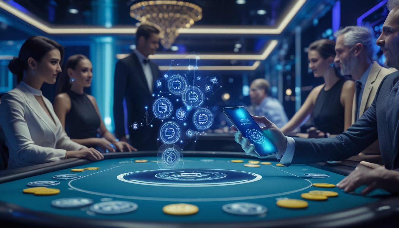 Dealer dan pemain dewasa menggunakan pembayaran digital di meja kasino live futuristis.