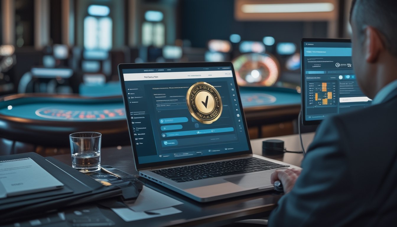 Profesional memeriksa keamanan dan legalitas situs kasino live melalui laptop dengan dokumen dan simbol perlindungan.