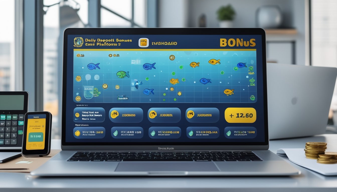 Meja kerja modern dengan laptop menampilkan antarmuka permainan ikan abstrak, kalkulator, ponsel, dan koin yang melambangkan penilaian bonus deposit harian.
