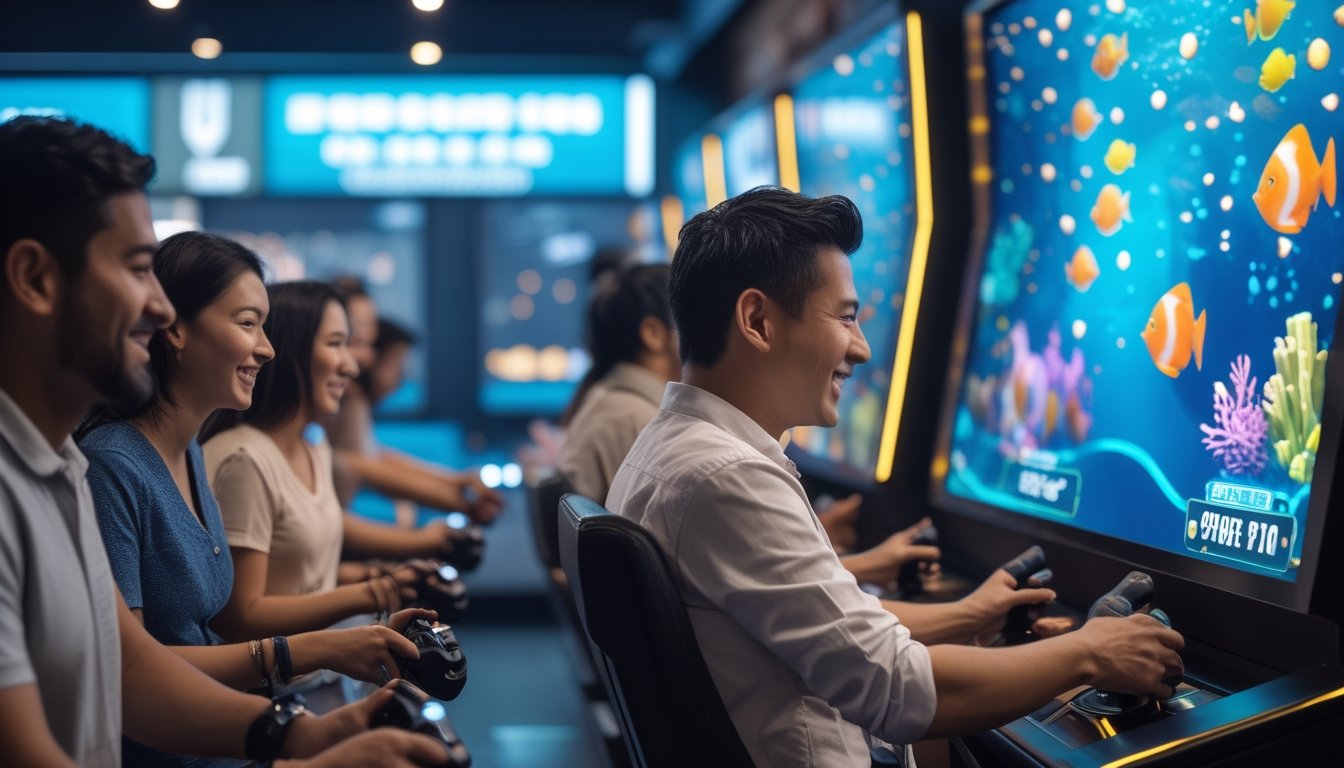 Orang dewasa bermain permainan arcade bertema dunia bawah laut dengan ikan warna-warni dan hiasan koin hadiah.