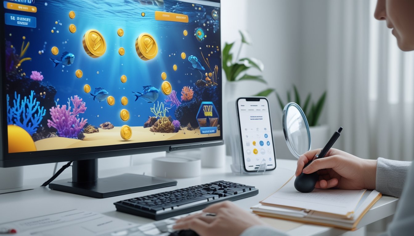 Seseorang membandingkan bonus koin pada permainan tembak ikan online di depan komputer.