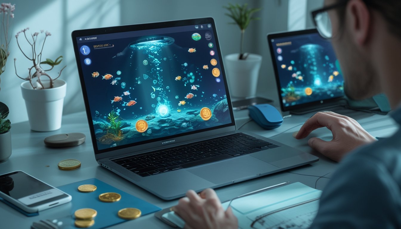 Seseorang menggunakan laptop dengan permainan ikan virtual dan ikon bonus, disertai ponsel serta perlengkapan perencanaan di meja.