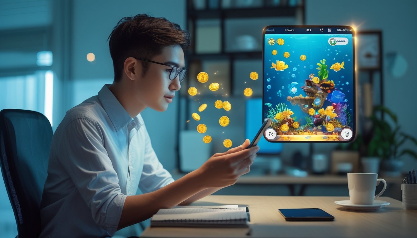 Seseorang memainkan permainan ikan virtual di ponsel dalam suasana ruang kerja yang rapi dengan efek hadiah berwarna-warni.