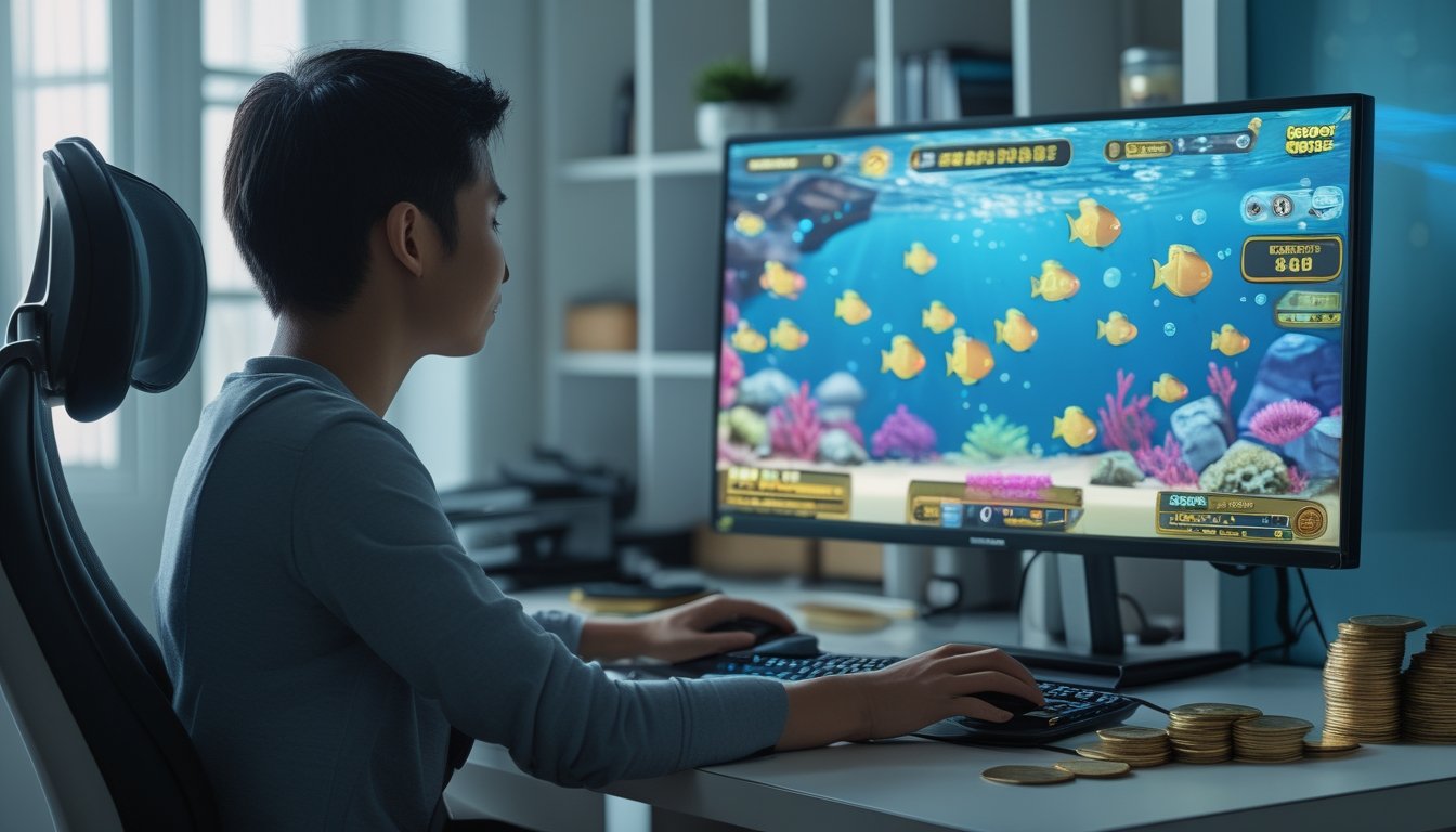 Seorang pemain mempelajari permainan tembak ikan di komputer dengan catatan strategi dan koin di meja.