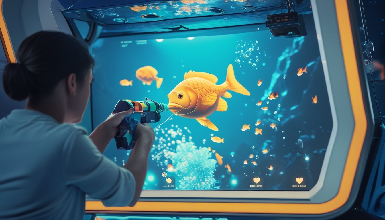 Pemain arcade membidik ikan bos besar pada layar permainan bertema bawah laut.