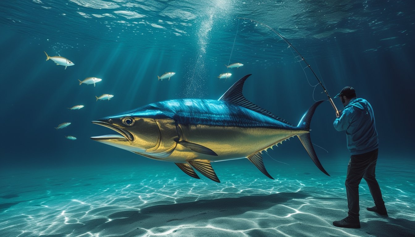 Pemancing mengarahkan kail ke ikan besar bercahaya di tengah laut biru yang dikelilingi ikan-ikan kecil.