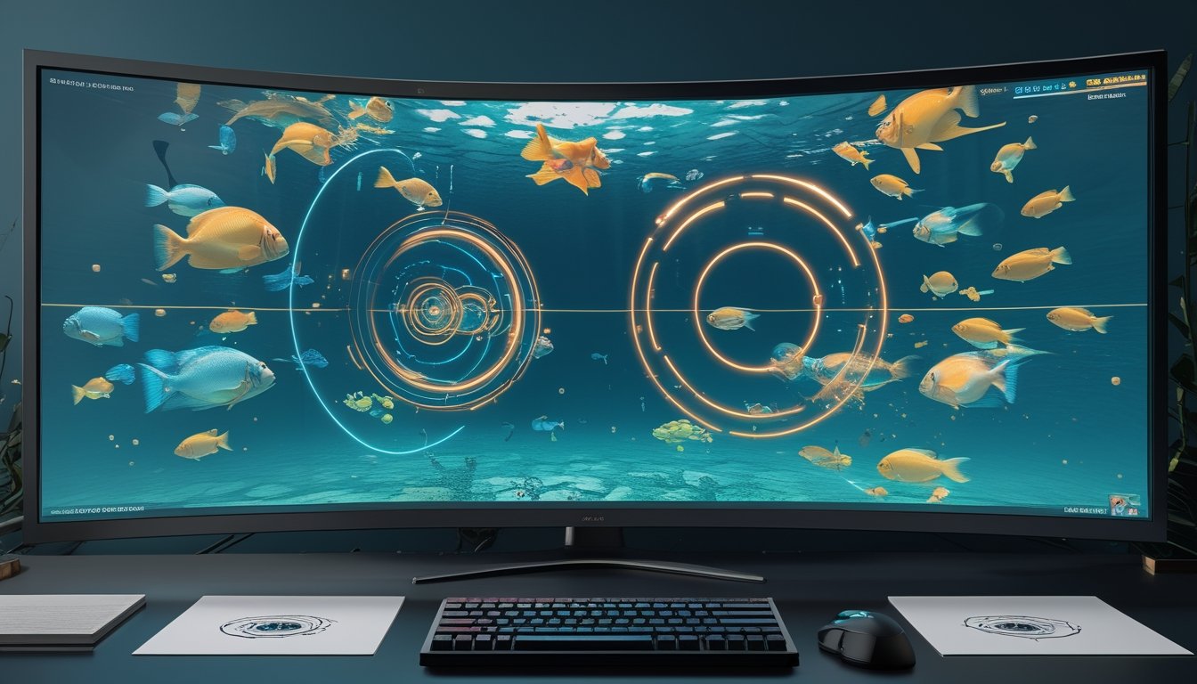 Monitor menampilkan arena bawah laut dengan ikan warna-warni dan pola lintasan peluru, dikelilingi perlengkapan permainan.