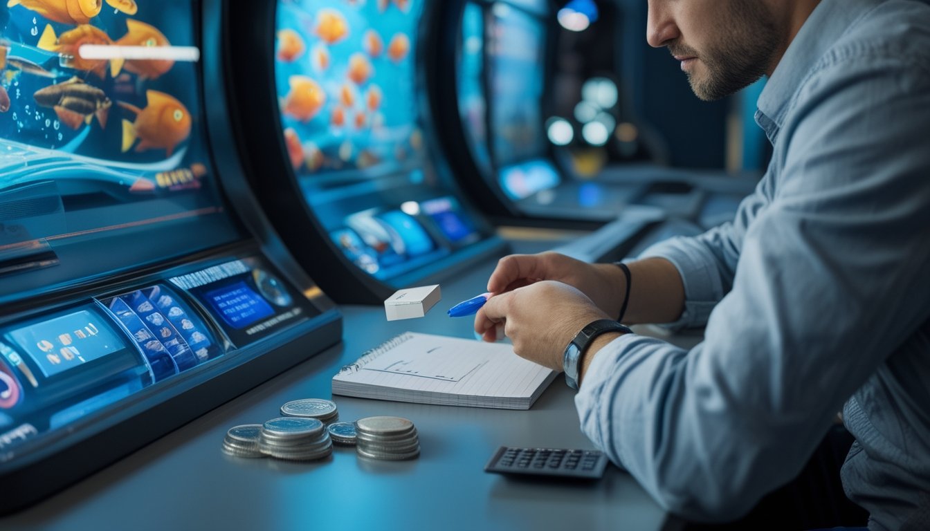 Seorang pemain merencanakan penggunaan sejumlah token di depan mesin permainan bertema ikan dengan kalkulator dan buku catatan.