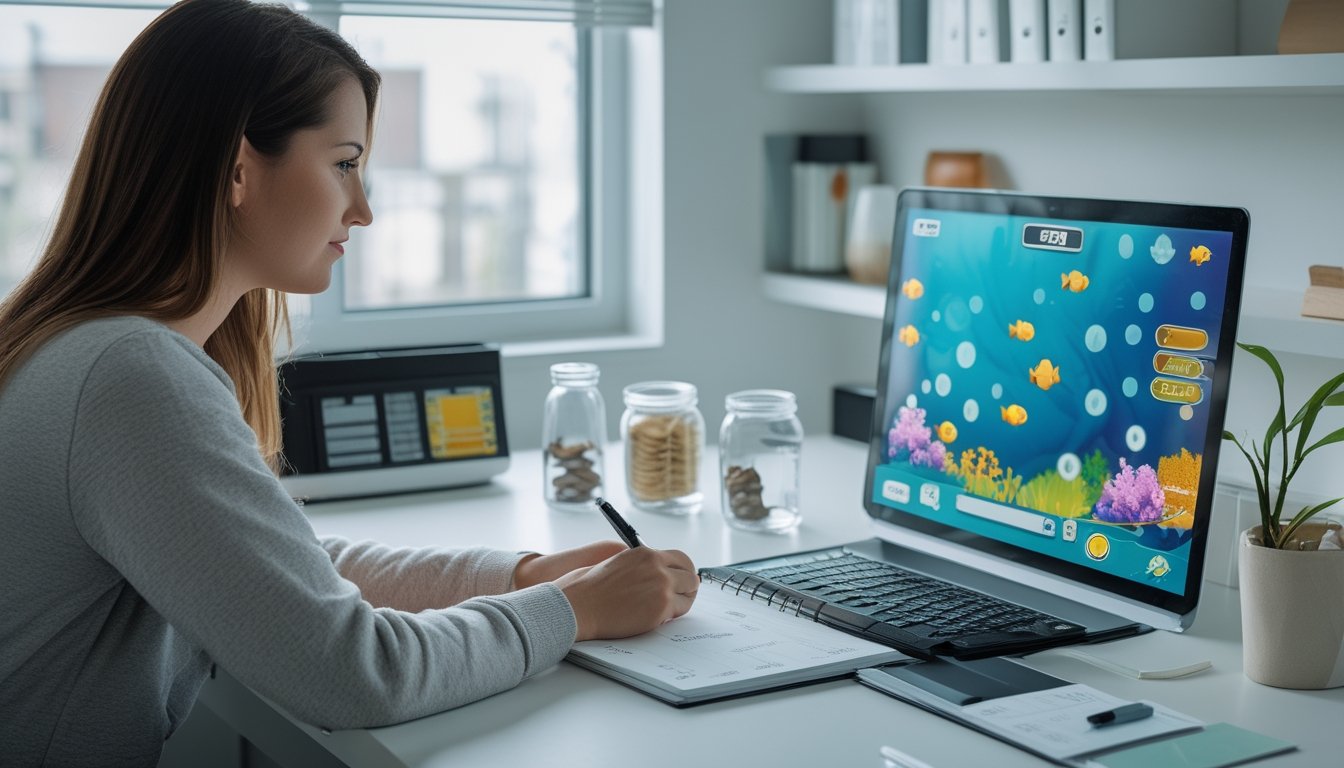 Seorang pemain mengatur saldo bonus permainan di meja kerja dengan kalkulator, catatan kosong, dan laptop berisi permainan bertema bawah laut.