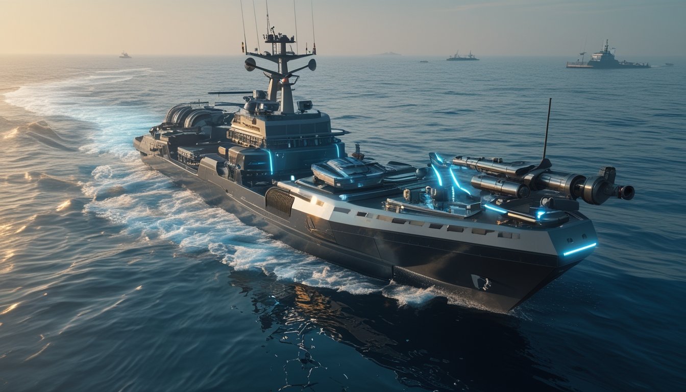 Kapal futuristik di laut dengan meriam ikan berteknologi tinggi dan sistem senjata khusus.