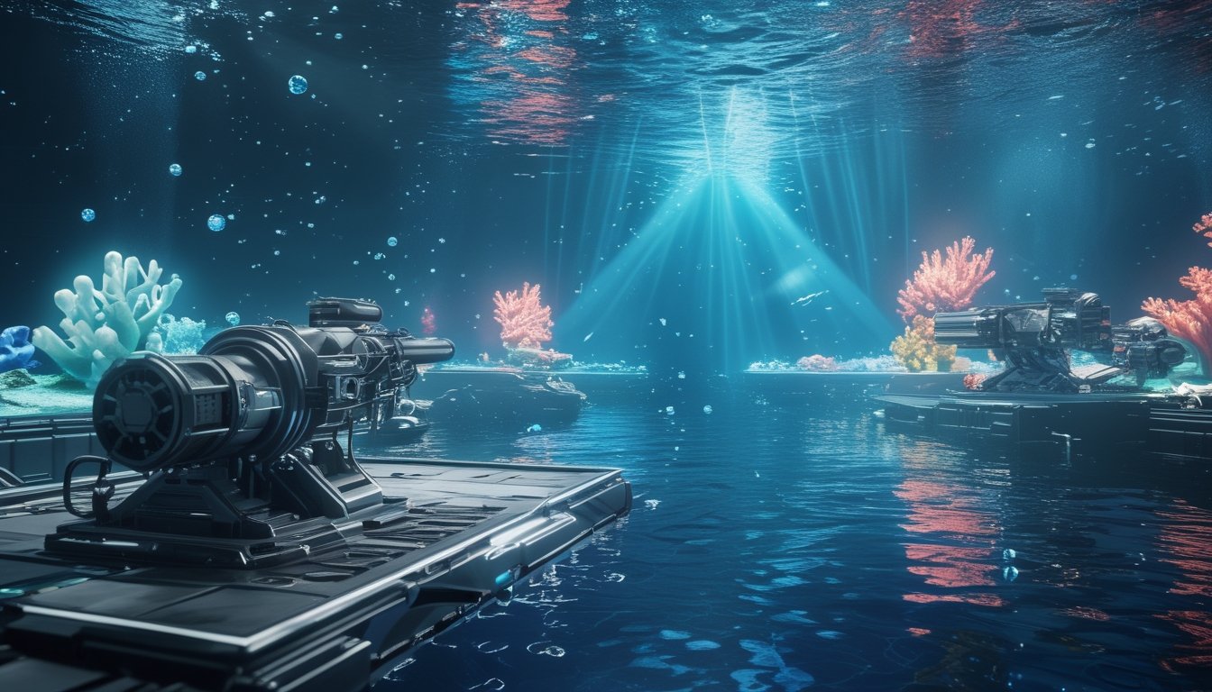 Arena bawah laut futuristis dengan meriam ikan dan senjata energi khusus yang menembakkan proyektil bercahaya ke arah makhluk laut besar.