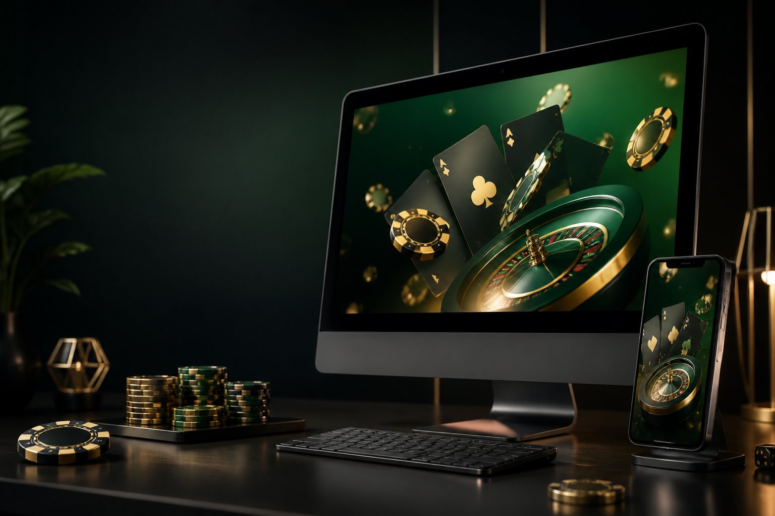 A computer and smartphone display a sophisticated digital casino scene with glowing chips, cards, and roulette-inspired graphics.