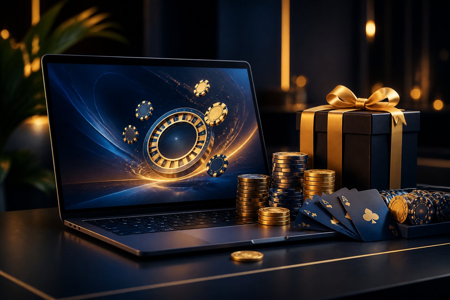 A modern casino-themed desk with chips, playing cards, coins, and a gift box beside a laptop.