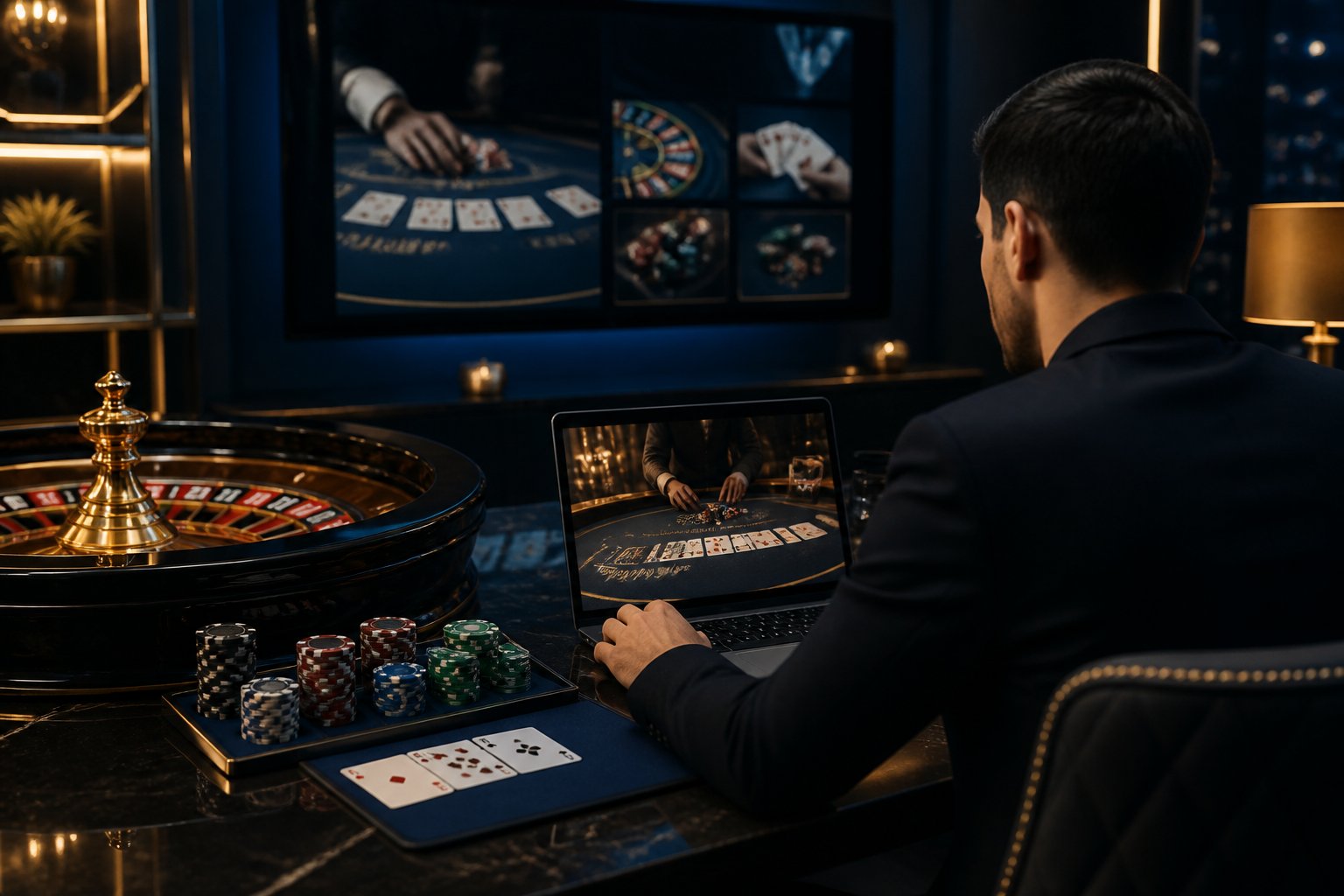 An adult player uses a laptop beside casino cards, chips, and a roulette wheel in a luxurious gaming setting.