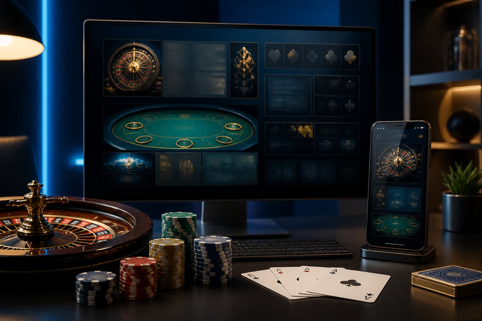 A modern computer and smartphone display an abstract online casino interface beside playing cards, casino chips, and a roulette wheel.