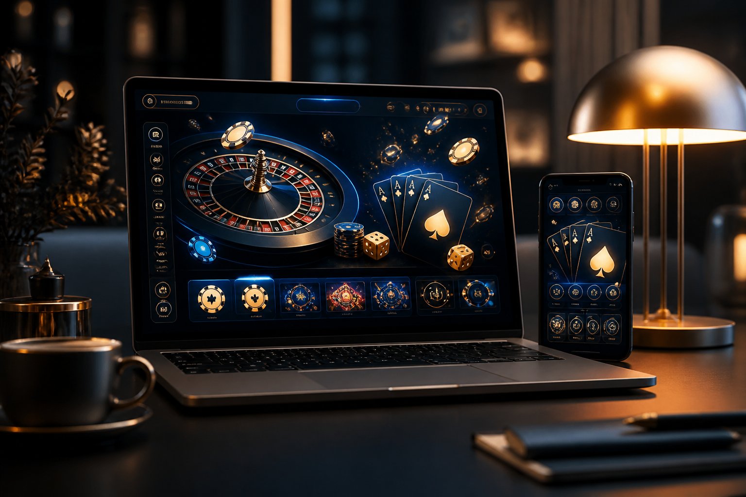 Laptop and smartphone displaying a digital casino game beside poker chips, cards, dice, and a roulette wheel.
