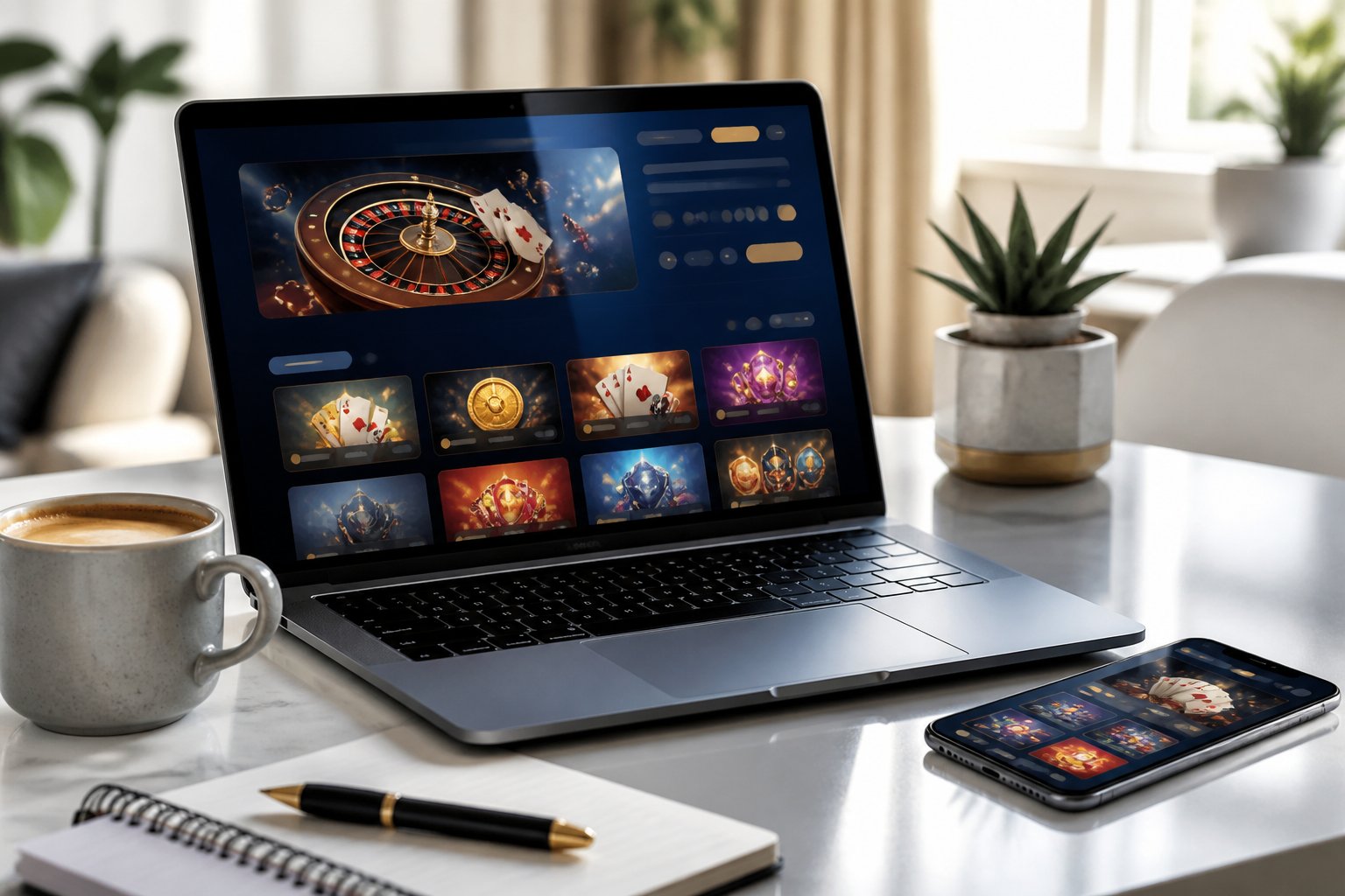 A laptop and smartphone display generic online casino-style interfaces on a tidy desk beside a notebook and coffee.