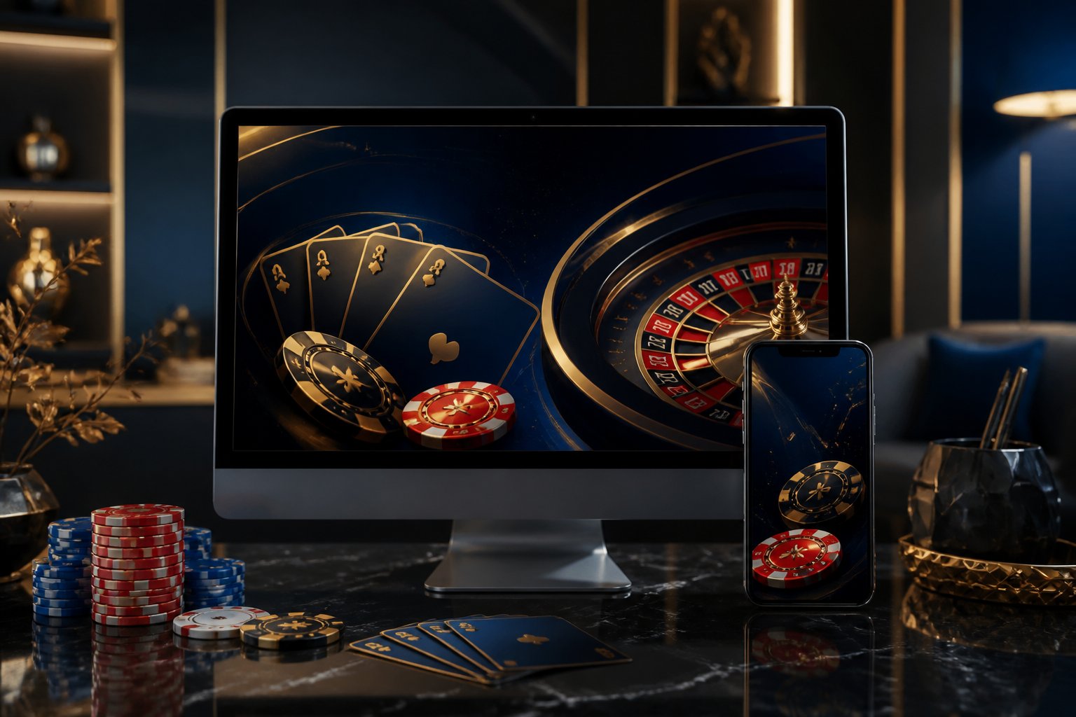 A computer and smartphone show an abstract online casino gaming interface beside cards, chips, and roulette elements.