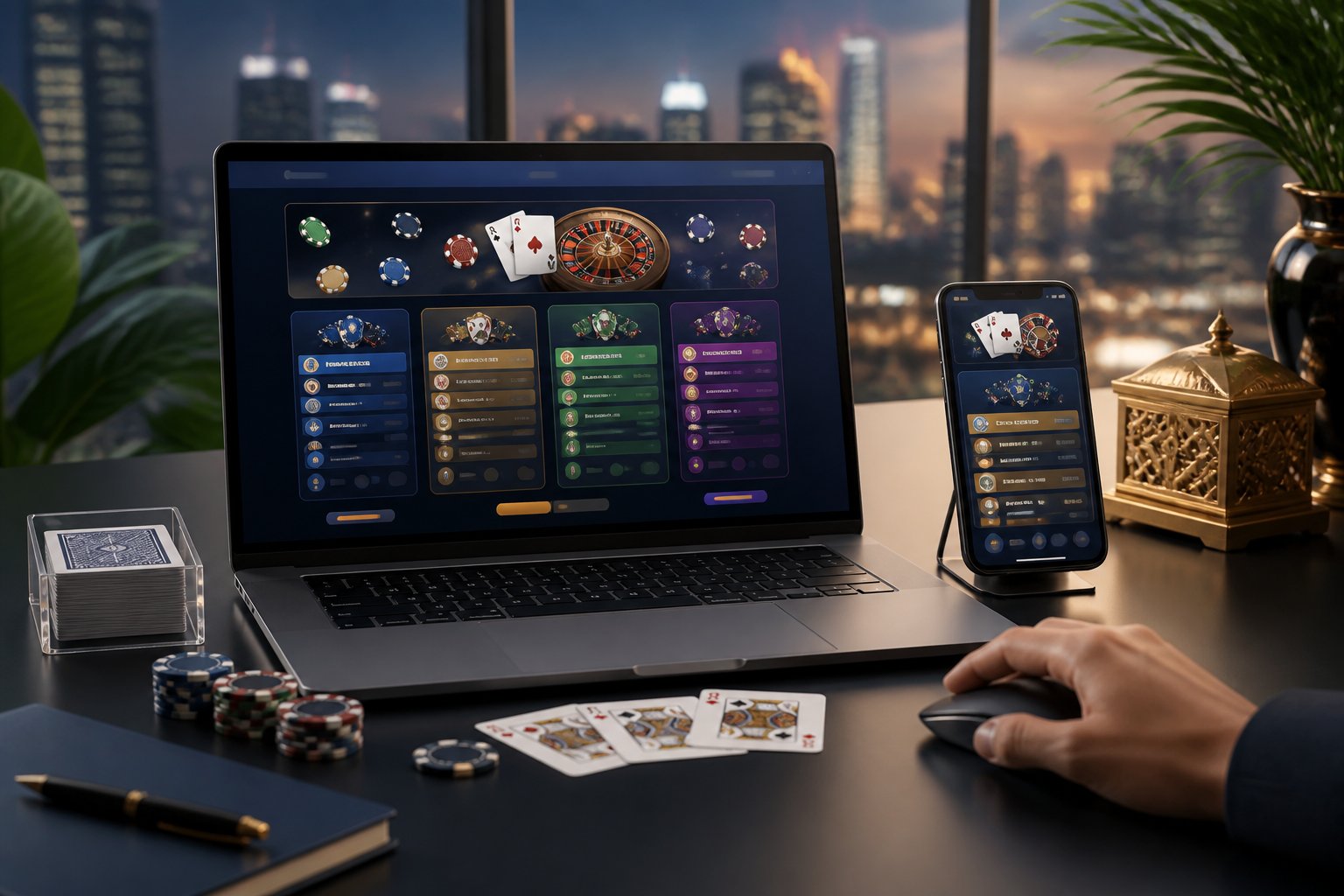 A professional desk setup with a laptop and smartphone showing generic casino graphics beside comparison-themed cards and chips, with a subtle Malaysian city backdrop.