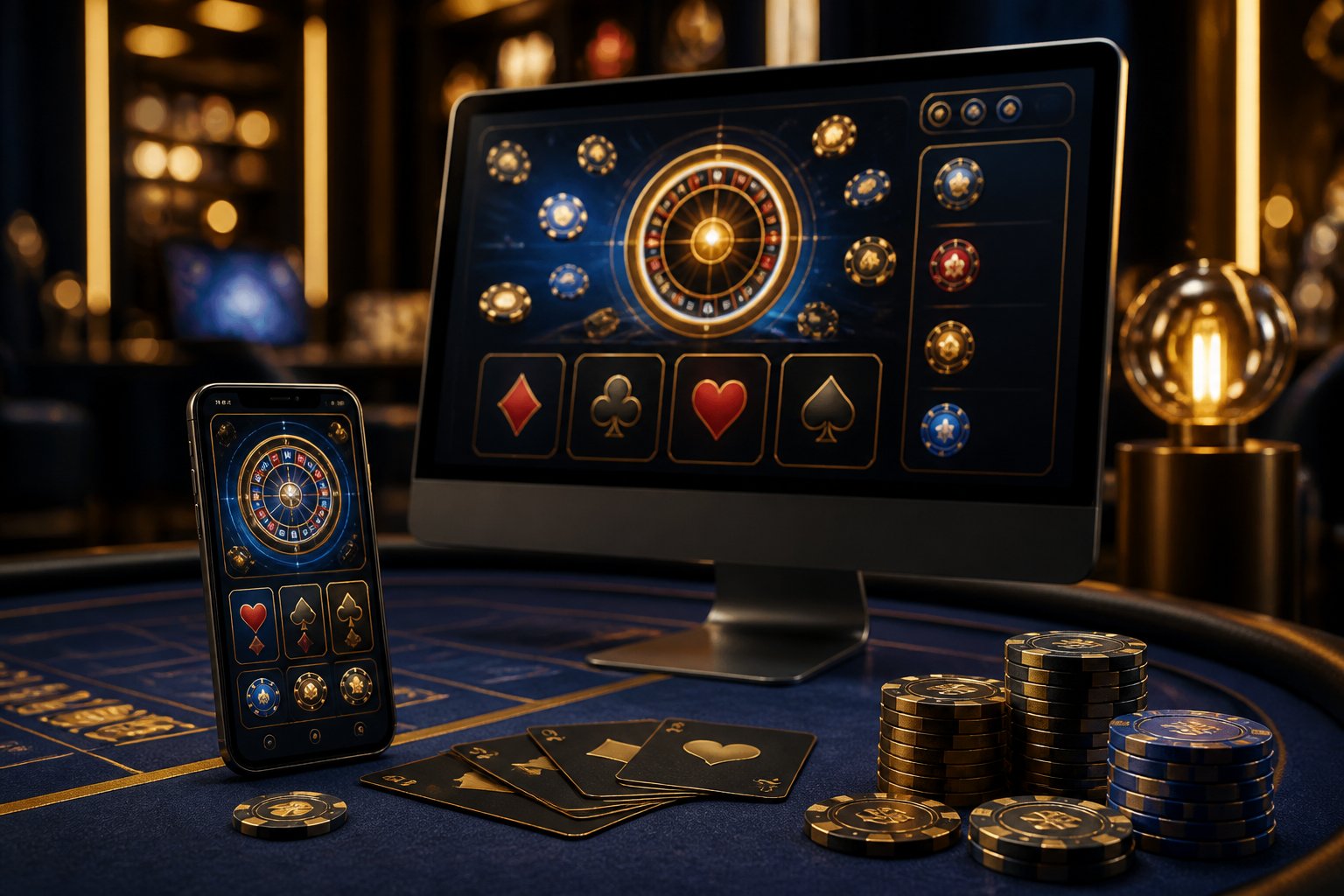 A computer and smartphone display colorful online casino game graphics beside casino chips and playing cards.