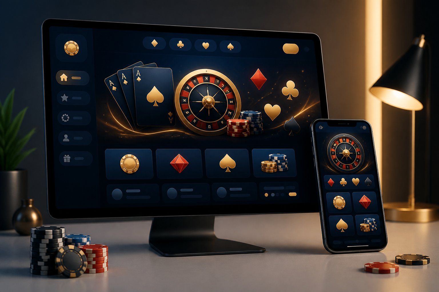Modern devices display an abstract online casino gaming interface beside playing chips on a desk.